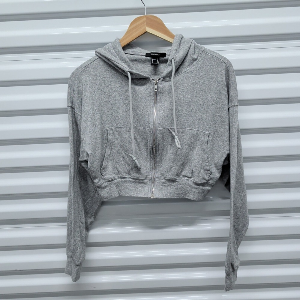 Forever 21 Size M Women Gray Cropped Zip Up Hoodie Sweatshirt Heathered Boxy